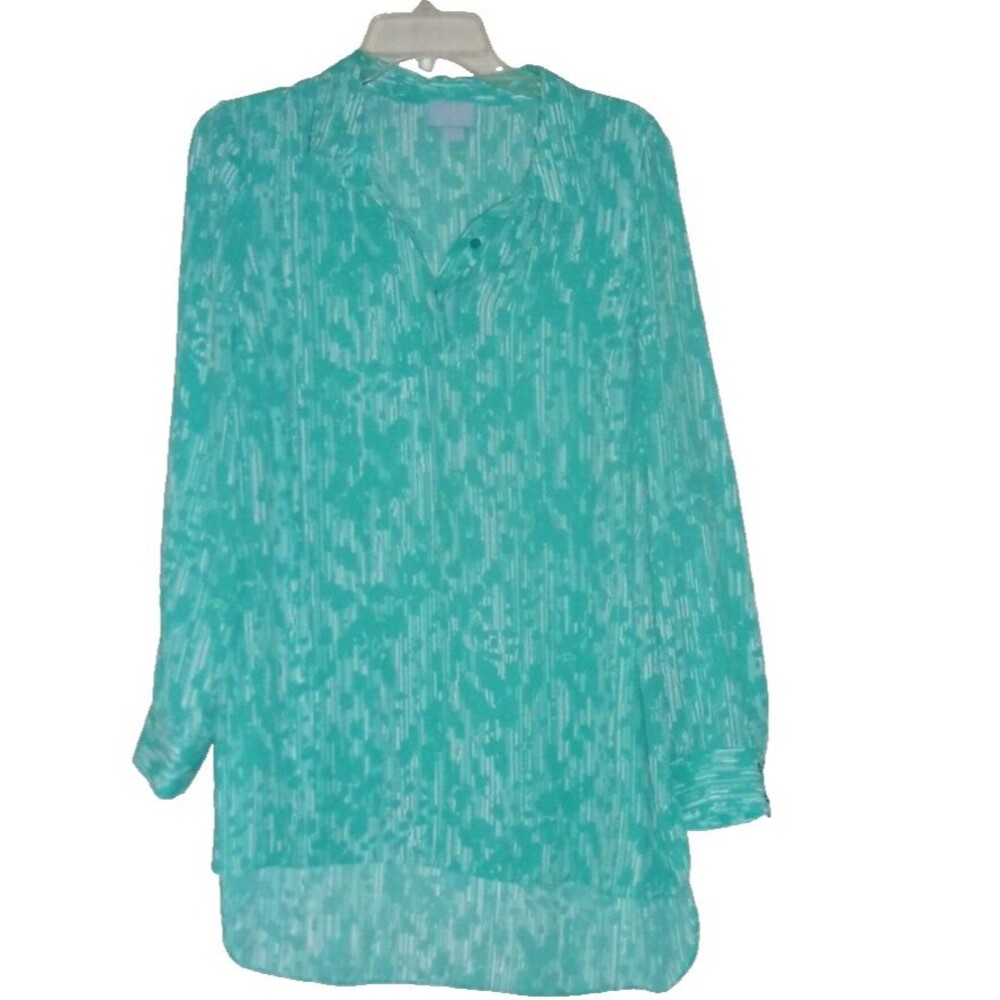 CeCe by Cynthia Steffe Tunic Top Green White Heather Long Sleeve Sz. M High Low